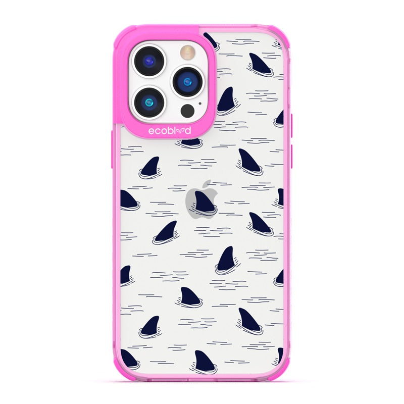Laguna Collection - Pink Eco-Friendly iPhone 14 Pro Max Case With Shark Fins Peeking From Water On A Clear Back 