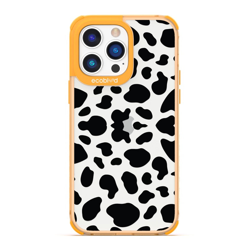 Laguna Collection - Yellow Eco-Friendly iPhone 14 Pro Max Case With Black Spots Cow Print Pattern On A Clear Back 