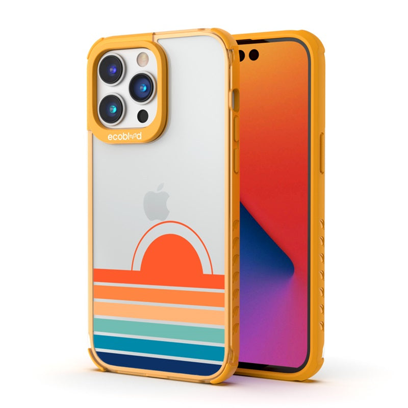 Back View Of Yellow iPhone 14 Pro Max Laguna Case With The Rise N' Shine Design On A Clear Back & Front View Of Screen