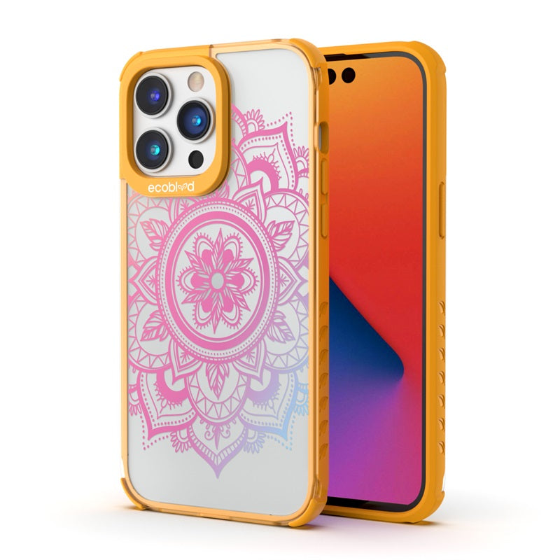 Back View Of Yellow Compostable iPhone 14 Pro Max Laguna Case With Mandala Design On A Clear Back & Front View Of The Screen