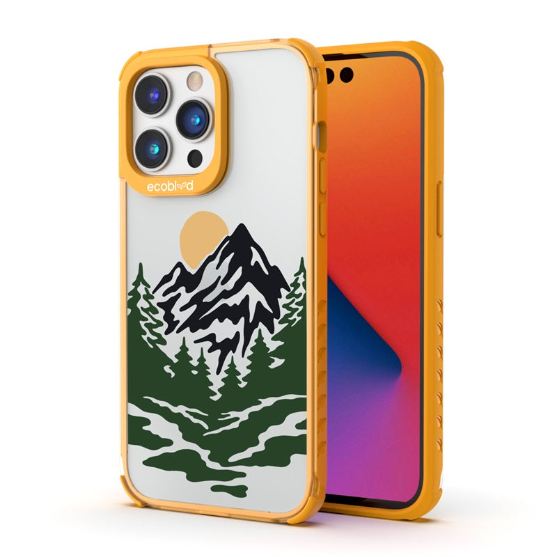 Back View Of Yellow Compostable iPhone 14 Pro Max Laguna Case With Mountains Design On A Clear Back & Front View Of Screen