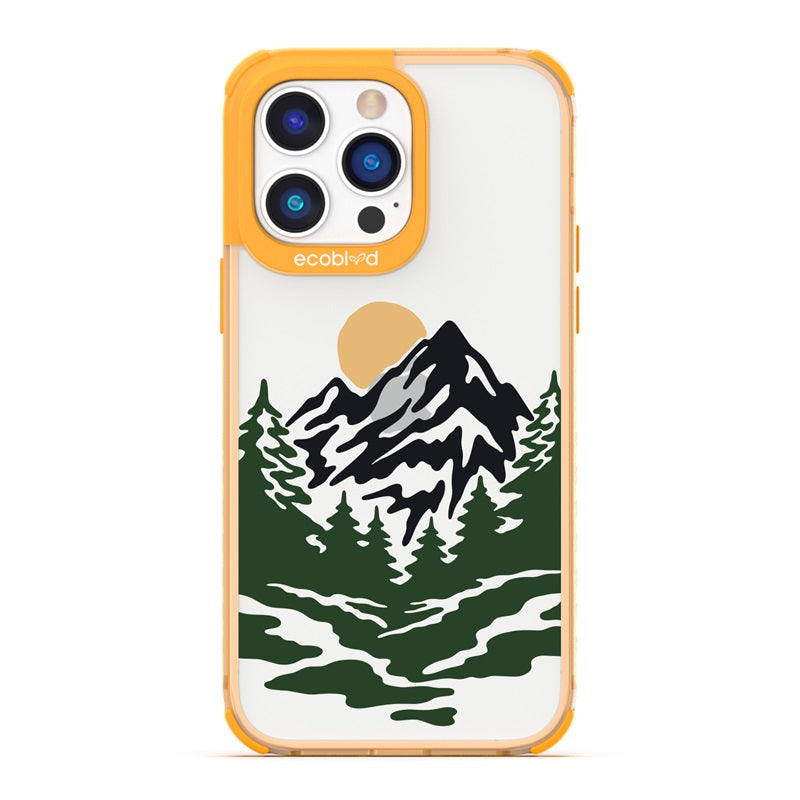 Laguna Collection - Yellow Eco-Friendly iPhone 14 Pro Case With A Minimalist Moonlit Mountain Landscape On A Clear Back