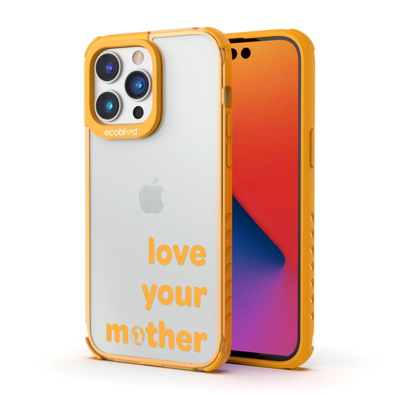 Back View Of Yellow Compostable iPhone 14 Pro Max Laguna Case With Love Your Mother Design & Front View Of Screen