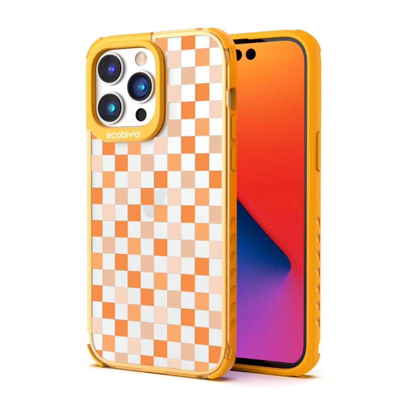 Back View Of Yellow iPhone 14 Pro Max Laguna Case With The Checkered Print Design On Clear Back And Front View Of The Screen