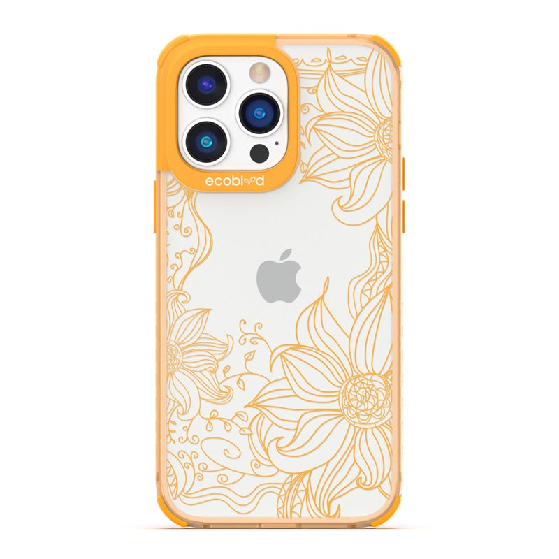 Laguna Collection - Yellow Eco-Friendly iPhone 14 Pro Max Case With Sunflower Stencil Line Art On A Clear Back - Compostable