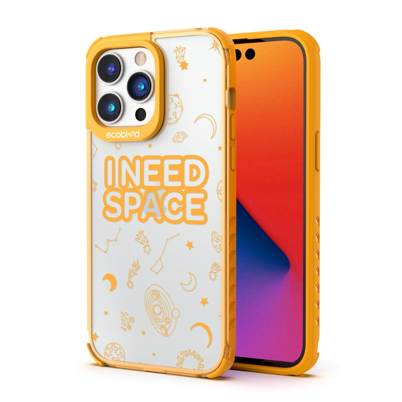 Back View Of The Yellow Compostable iPhone 14 Pro Max Laguna Case With I Need Space Design & Front View Of The Screen