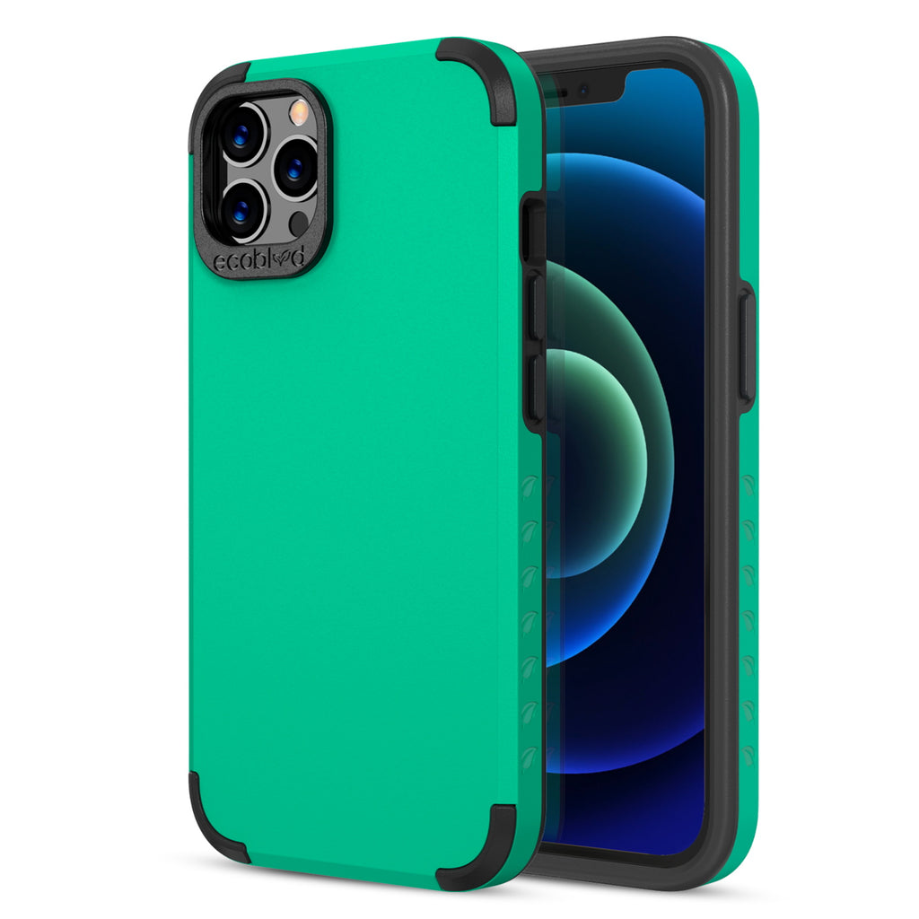 Back View Of Tough Green iPhone 12 / 12 Pro Mojave Case And Frontal View Of Screen