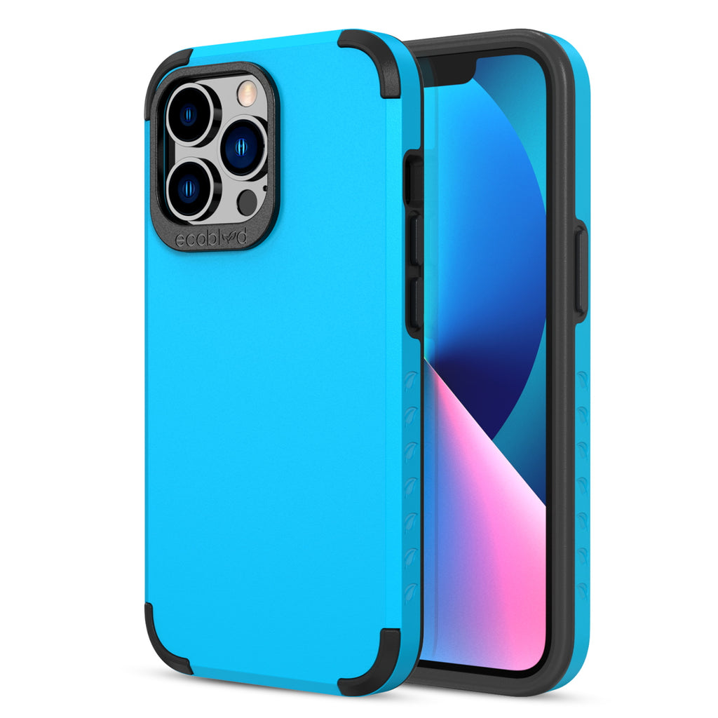 Back View Of Tough Blue iPhone 13 Pro Mojave Case And Frontal View Of Screen