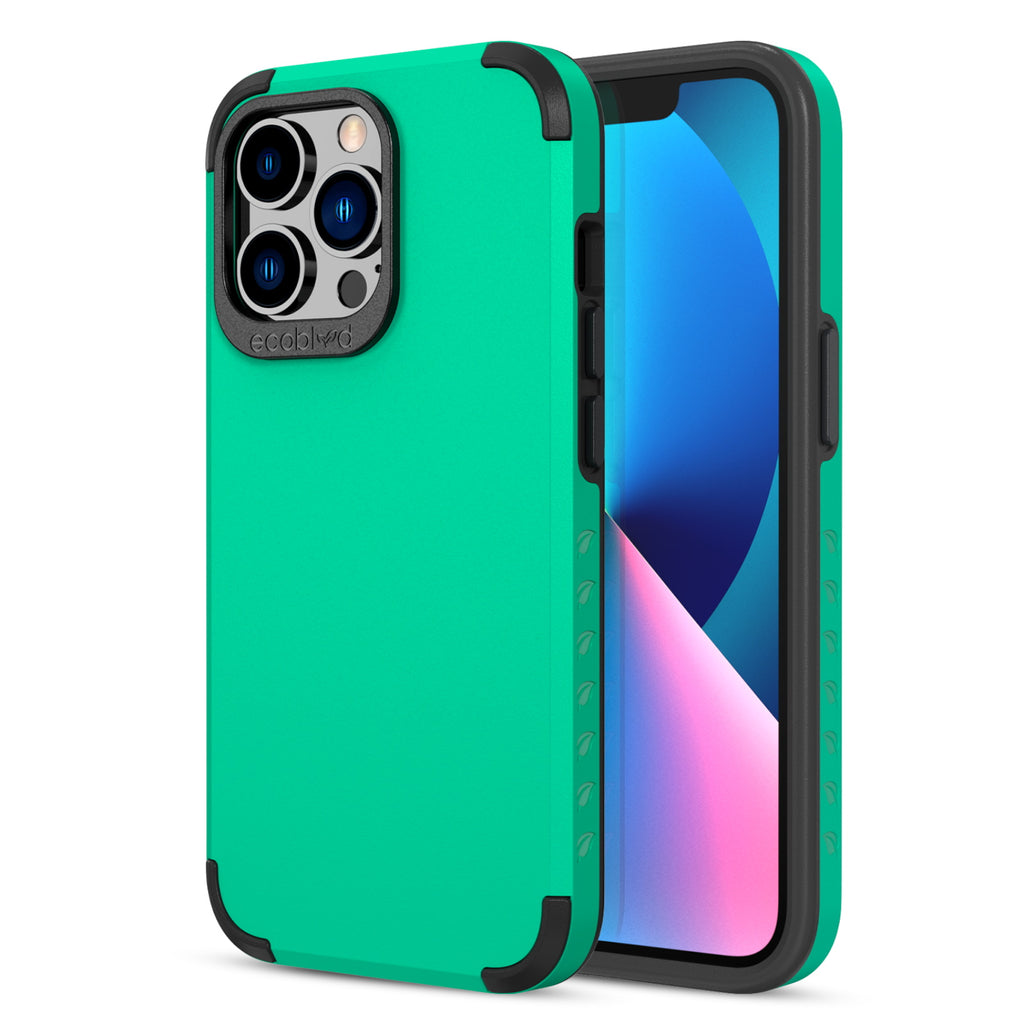 Back View Of Tough Green iPhone 13 Pro Mojave Case And Frontal View Of Screen