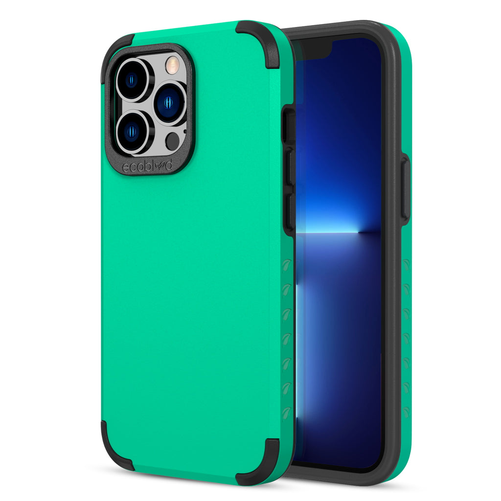 Back View Of Tough Green iPhone 13 Pro Max Mojave Case And Frontal View Of Screen