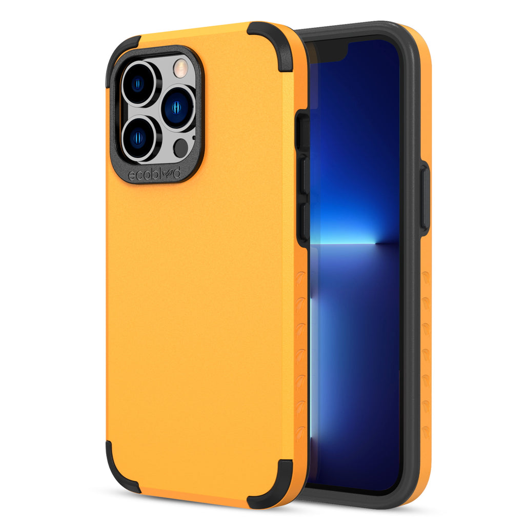 Back View Of Tough Yellow iPhone 13 Pro Max Mojave Case And Frontal View Of Screen