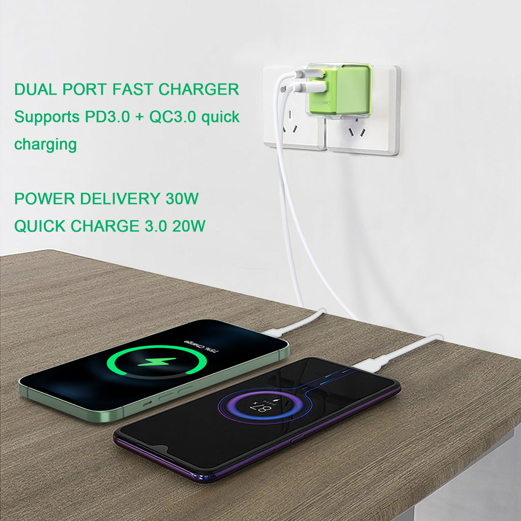 PowerPlant Dual-Port Wall Charger - 30W USB-C Power Delivery & 20W USB-A Quick Charge Technology 