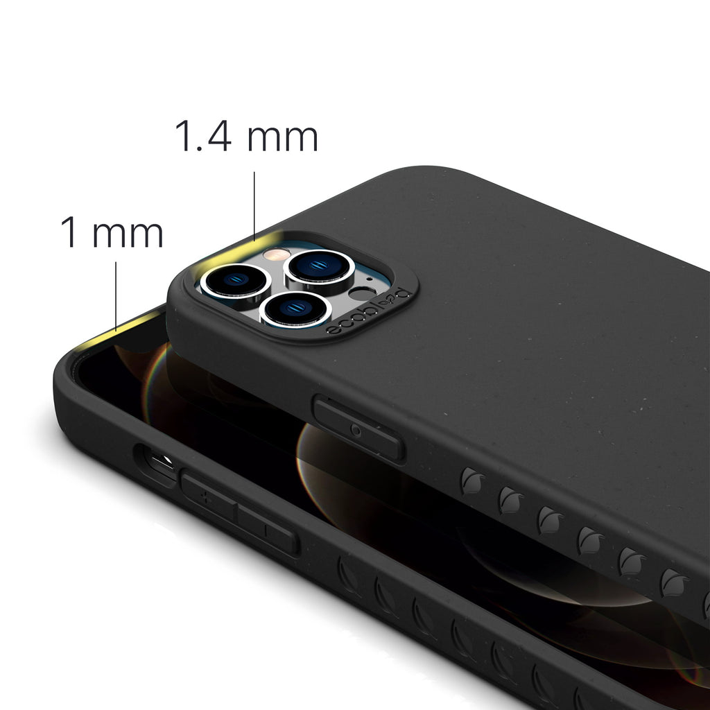 View Of 1.4mm Raised Camera Ring & 1mm Edges On Black Eco-Friendly iPhone 12 / 12 Pro Case - Compostable Sequoia Collection