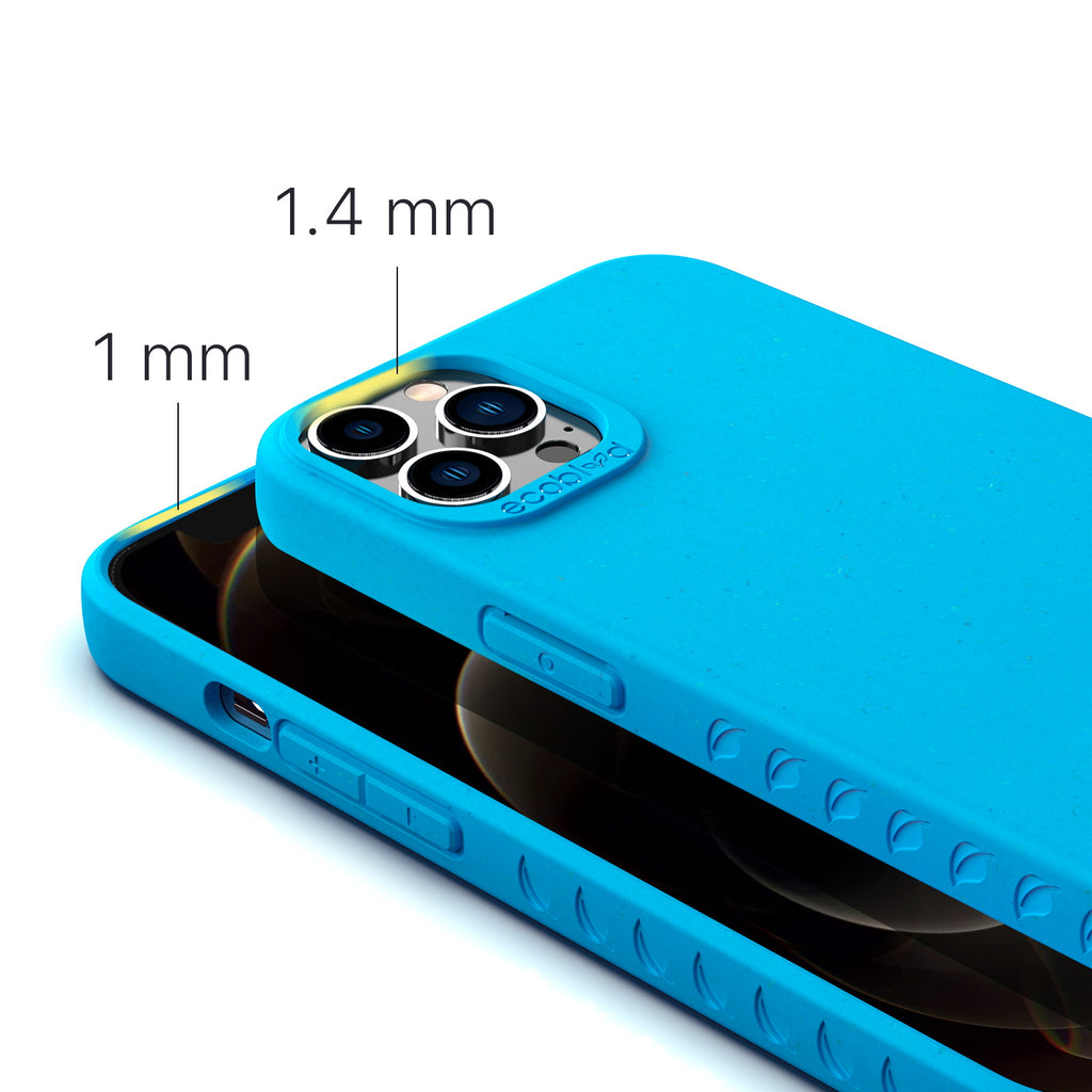View Of 1.4mm Raised Camera Ring & 1mm Edges On Blue Eco-Friendly iPhone 12 / 12 Pro Case - Compostable Sequoia Collection