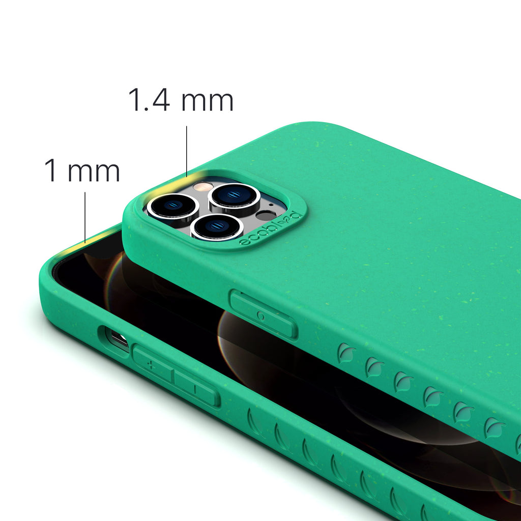View Of 1.4mm Raised Camera Ring & 1mm Edges On Green Eco-Friendly iPhone 12 / 12 Pro Case - Compostable Sequoia Collection
