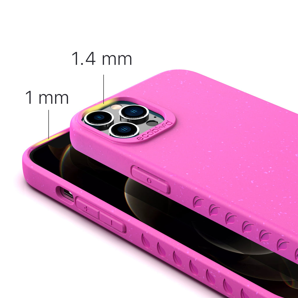 View Of 1.4mm Raised Camera Ring & 1mm Edges On Pink Eco-Friendly iPhone 12 / 12 Pro Case - Compostable Sequoia Collection