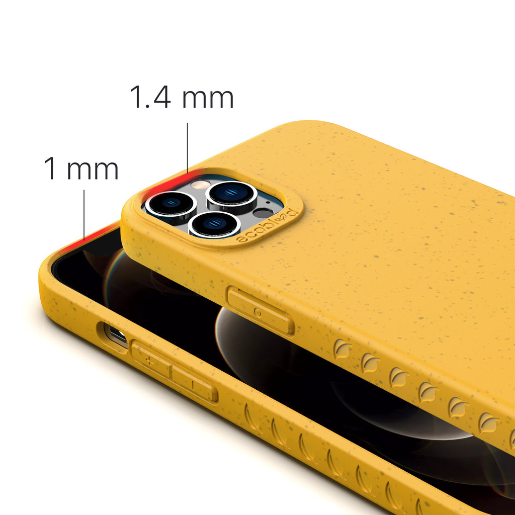 View Of 1.4mm Raised Camera Ring & 1mm Edges On Yellow Eco-Friendly iPhone 12 / 12 Pro Case - Compostable Sequoia Collection