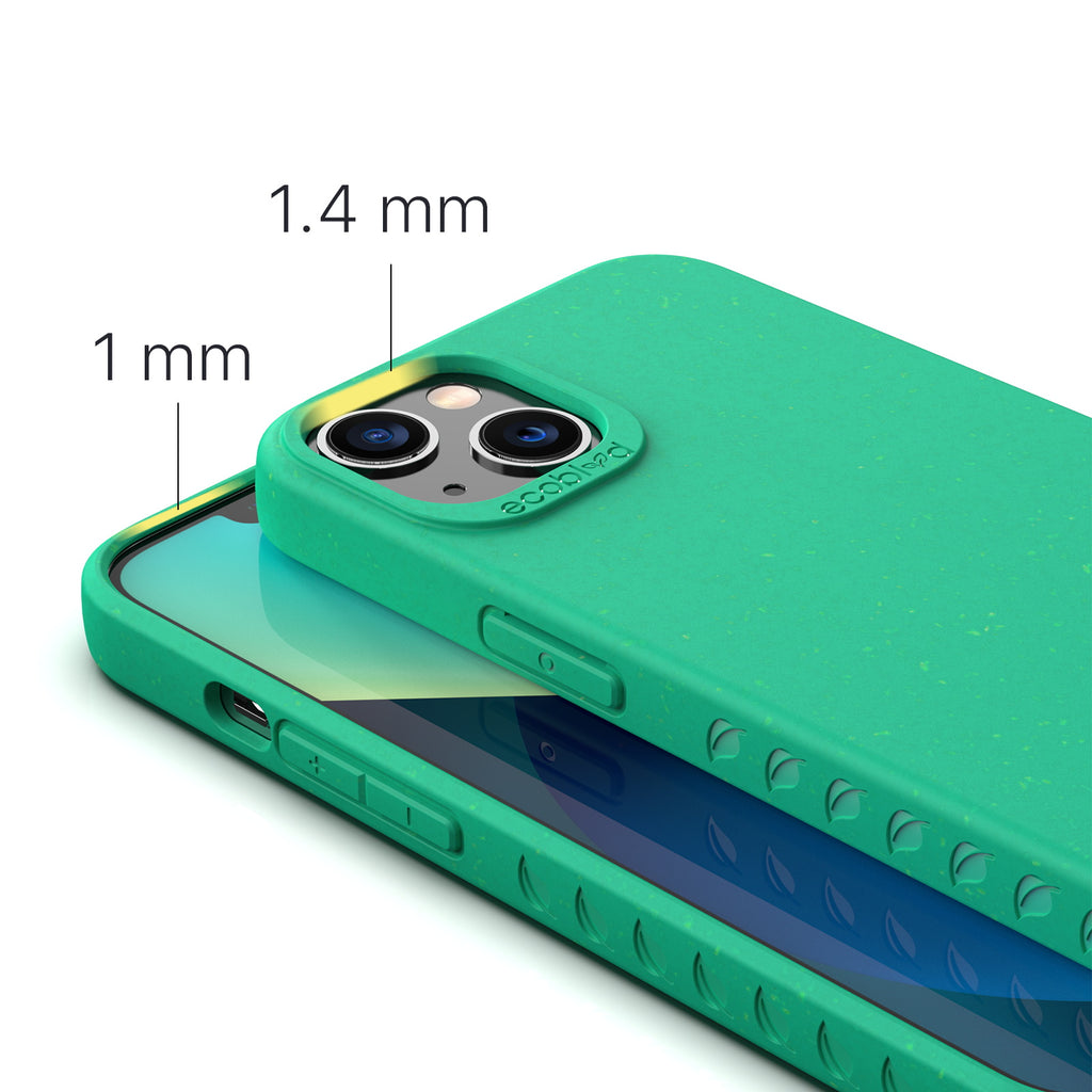 View Of 1.4mm Raised Camera Ring & 1mm Edges On Green Eco-Friendly iPhone 13 Case - Compostable Sequoia Collection