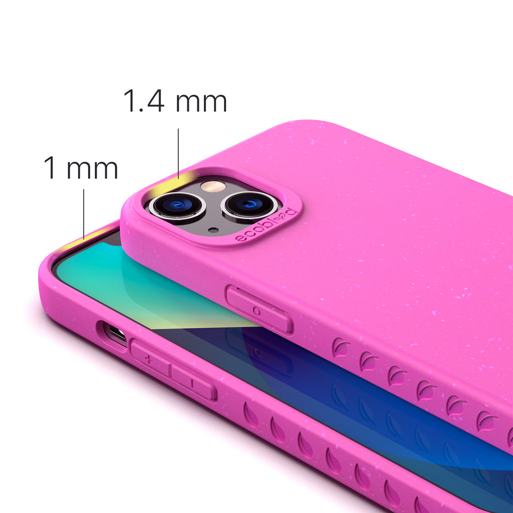 View Of 1.4mm Raised Camera Ring & 1mm Edges On Pink Eco-Friendly iPhone 13 Case - Compostable Sequoia Collection