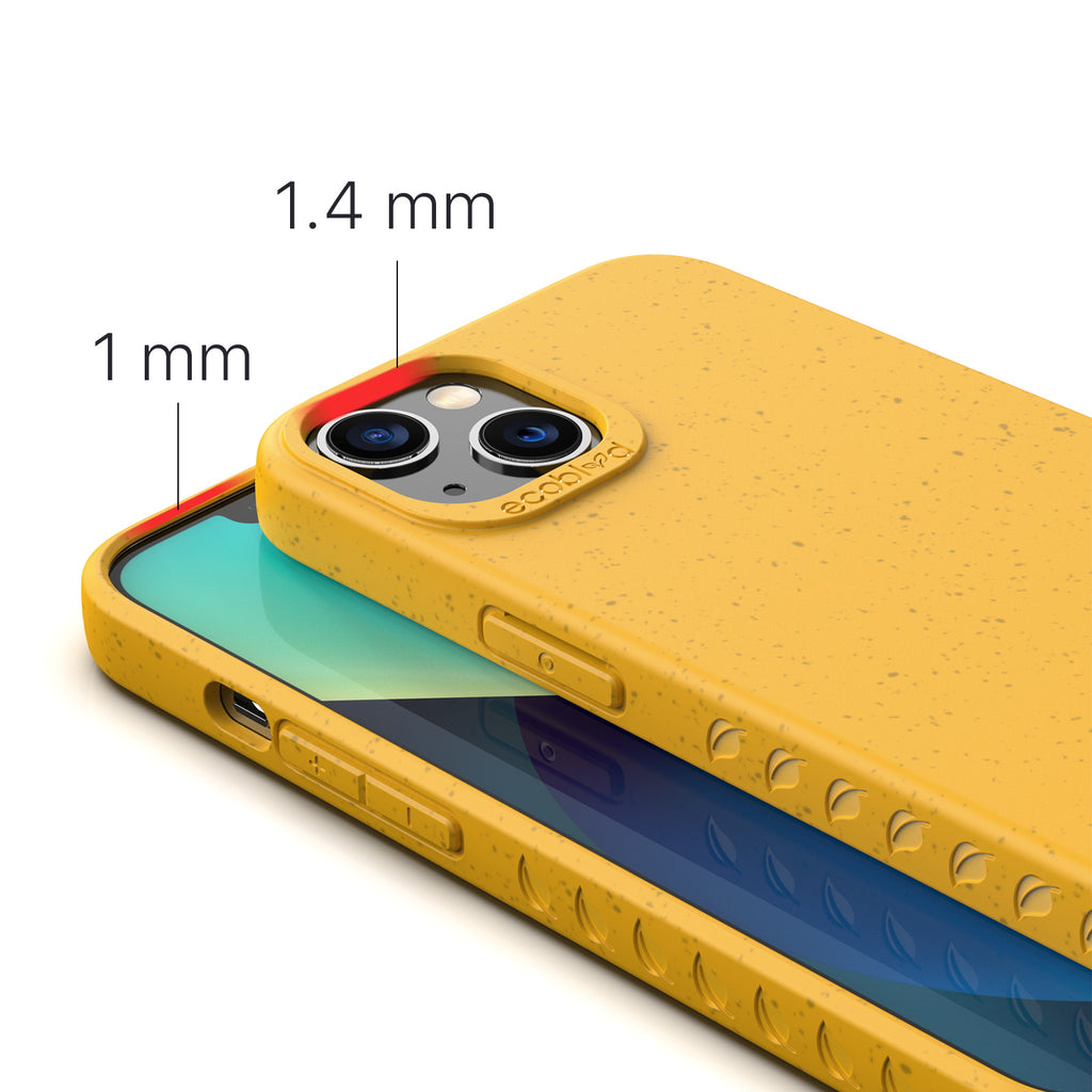 View Of 1.4mm Raised Camera Ring & 1mm Edges On Yellow Eco-Friendly iPhone 13 Case - Compostable Sequoia Collection