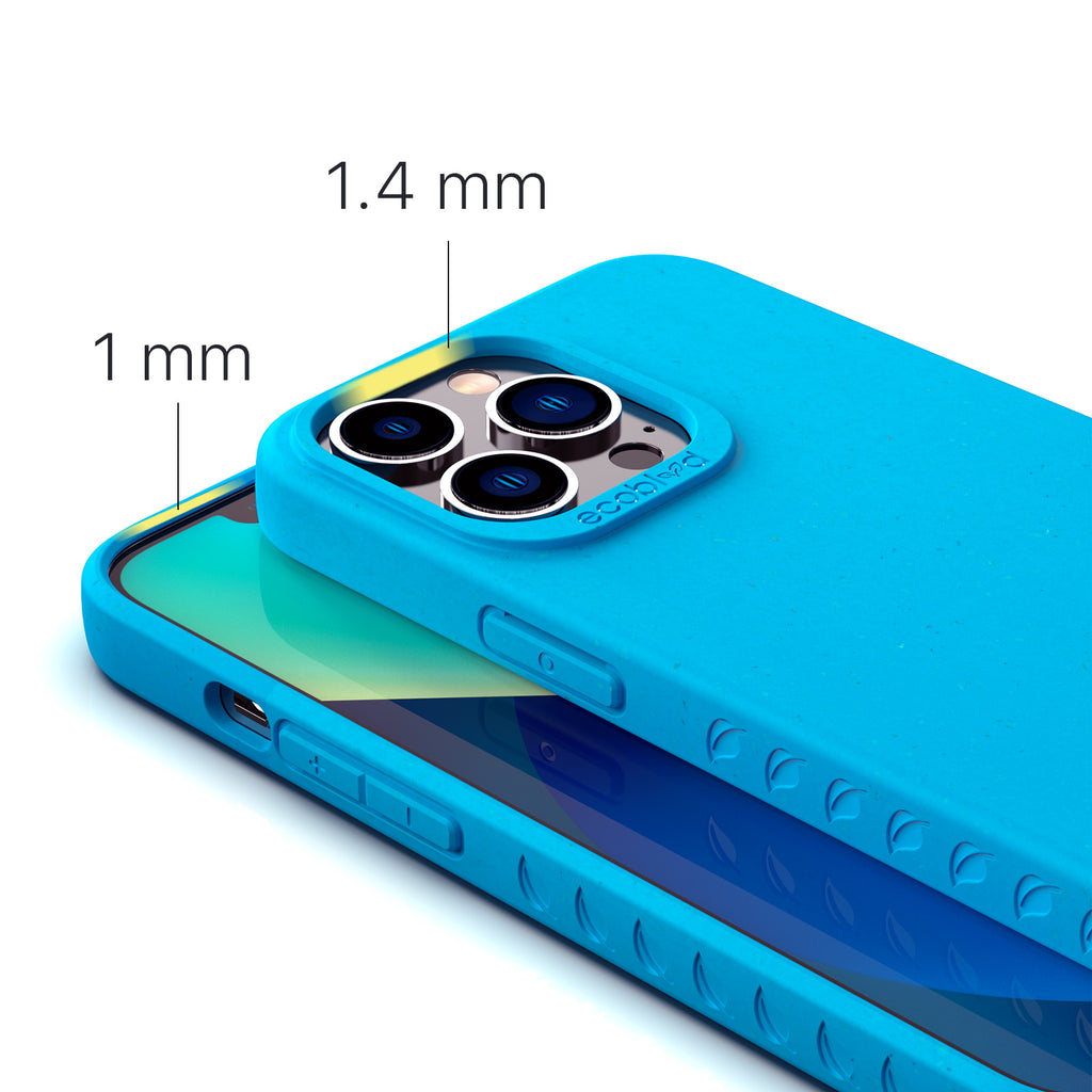 View Of 1.4mm Raised Camera Ring & 1mm Edges On Blue Eco-Friendly iPhone 13 Pro Case - Compostable Sequoia Collection