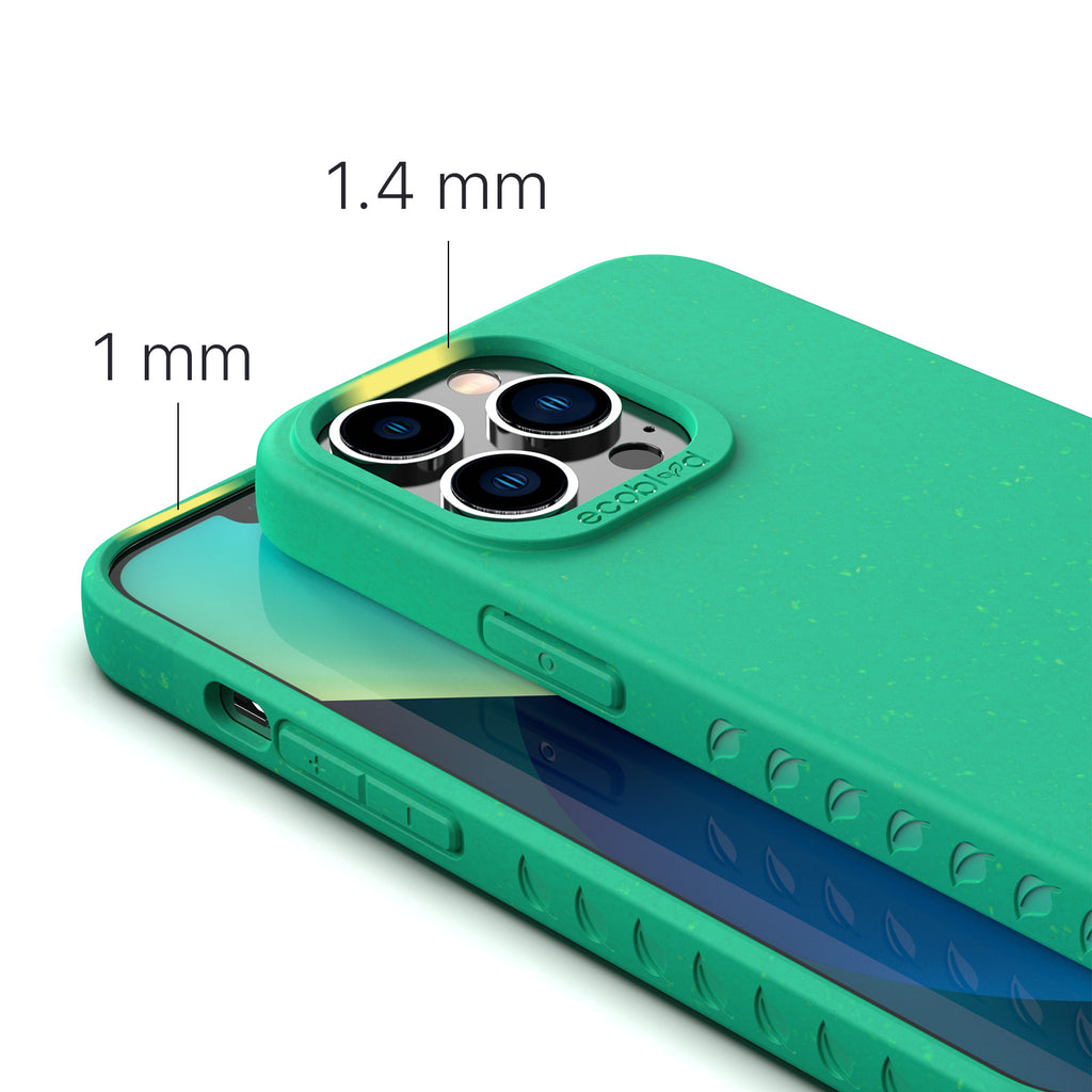 View Of 1.4mm Raised Camera Ring & 1mm Edges On Green Eco-Friendly iPhone 13 Pro Case - Compostable Sequoia Collection