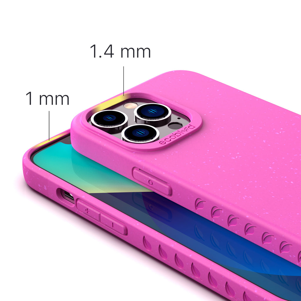 View Of 1.4mm Raised Camera Ring & 1mm Edges On Pink Eco-Friendly iPhone 13 Pro Case - Compostable Sequoia Collection