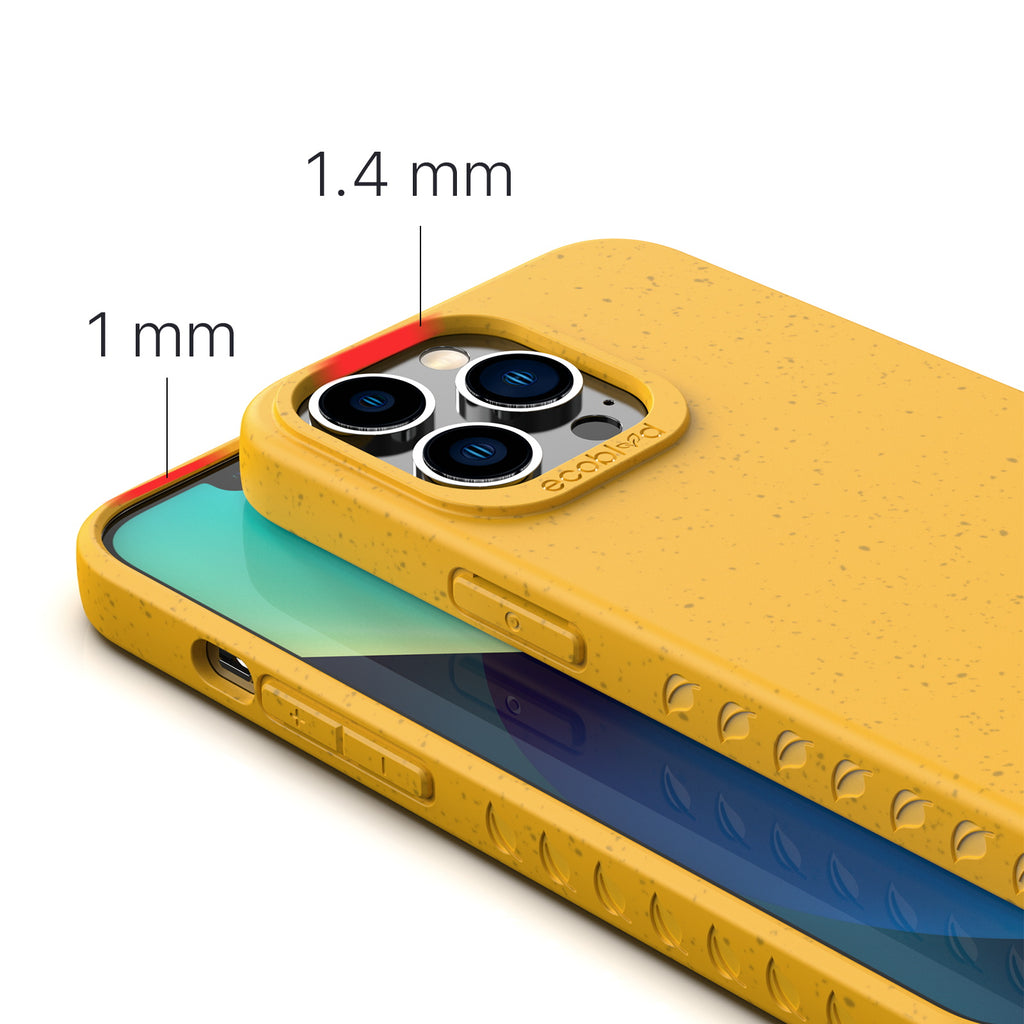 View Of 1.4mm Raised Camera Ring & 1mm Edges On Yellow Eco-Friendly iPhone 13 Pro Case - Compostable Sequoia Collection