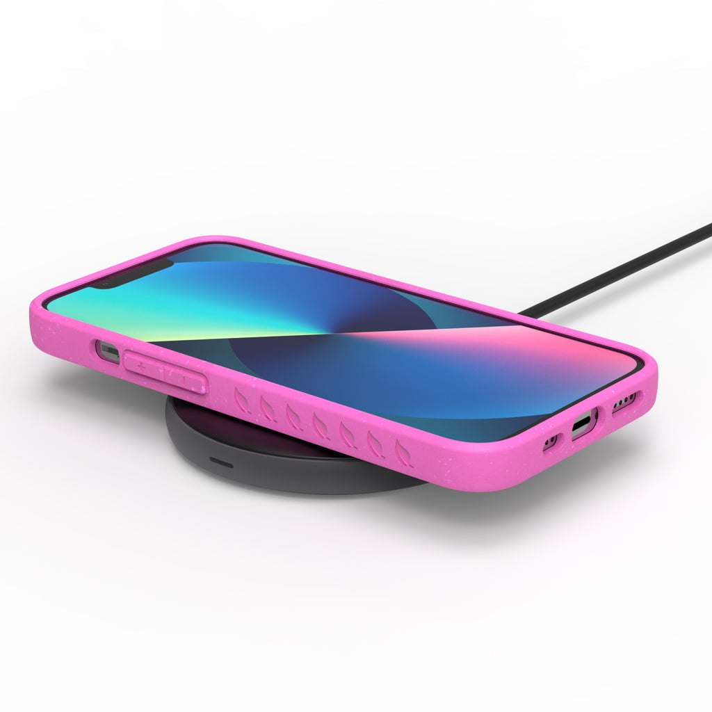 Pink Eco-Friendly Sequoia Collection Case For iPhone 13 Pro Max / 12 Pro Max On A Wireless Charger 