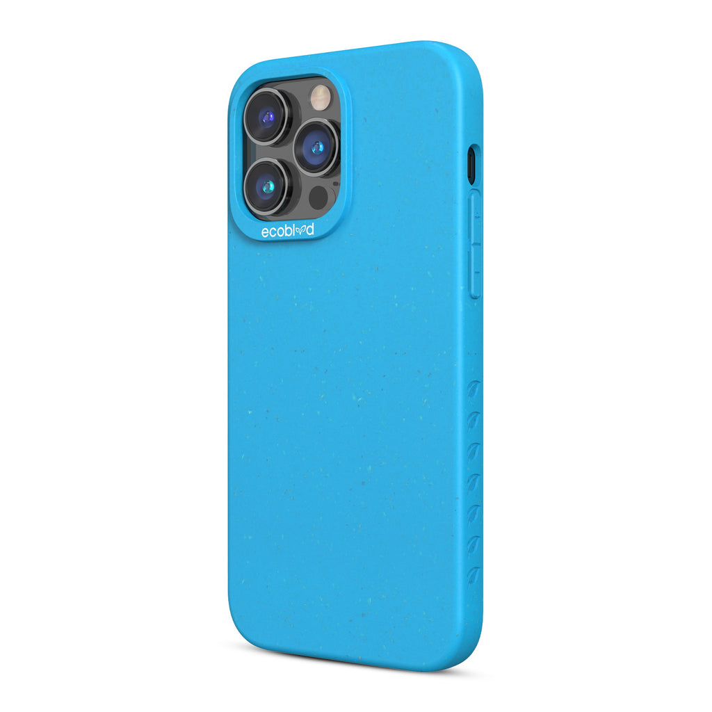 Left-Side View Of Blue Eco-Friendly iPhone 14 Pro Case - Compostable Sequoia Collection
