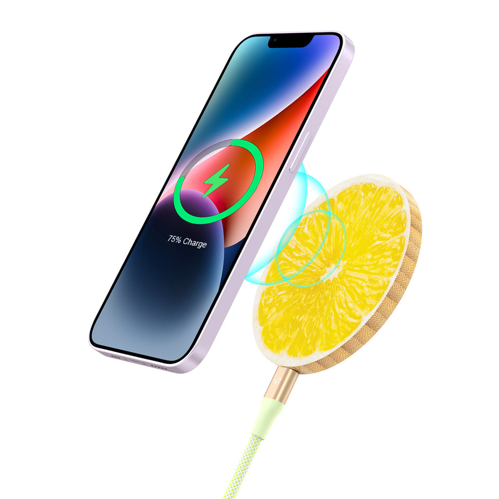 Fresh Squeeze - An Eco-Friendly Bamboo Wireless Charger With A Lemon Design Recharging An iPhone With 75% Charge On Screen