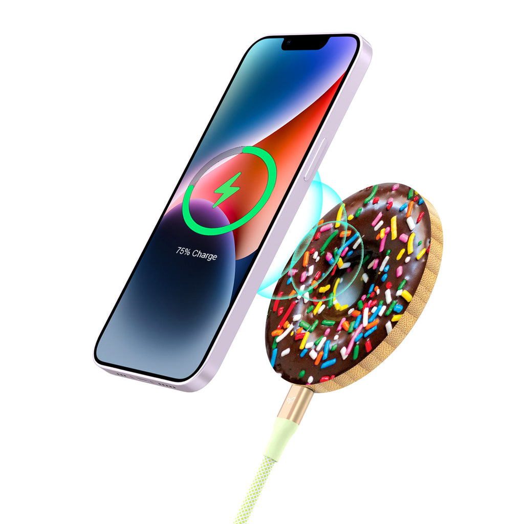 Sweet Spot - An Eco-Friendly Bamboo Wireless Charger With A Donut Design Recharging An iPhone With 75% Charge On The Screen