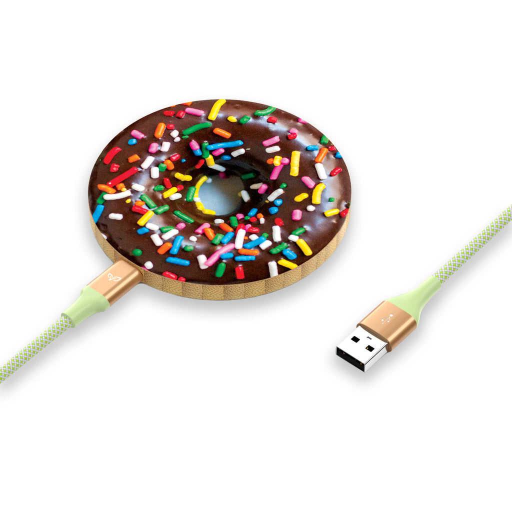 Sweet Spot - USB-A to USB-C Power Cable Plugged Into An Eco-Friendly Bamboo Wireless Charger With A Chocolate Donut Design 