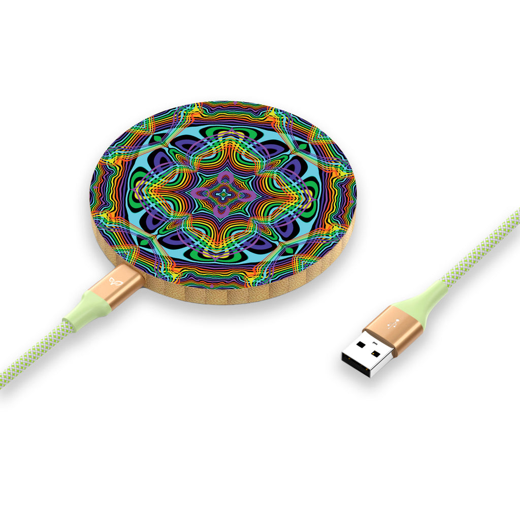 Aura - USB-A to USB-C Power Cable Plugged Into An Eco-Friendly Bamboo Wireless Charger With Kaleidescope Design 