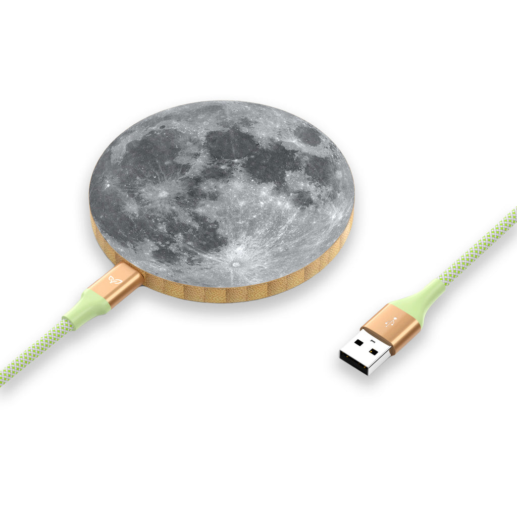 Moon Juice - USB-A to USB-C Power Cable Plugged Into An Eco-Friendly Bamboo Wireless Charger With The Moon Design 