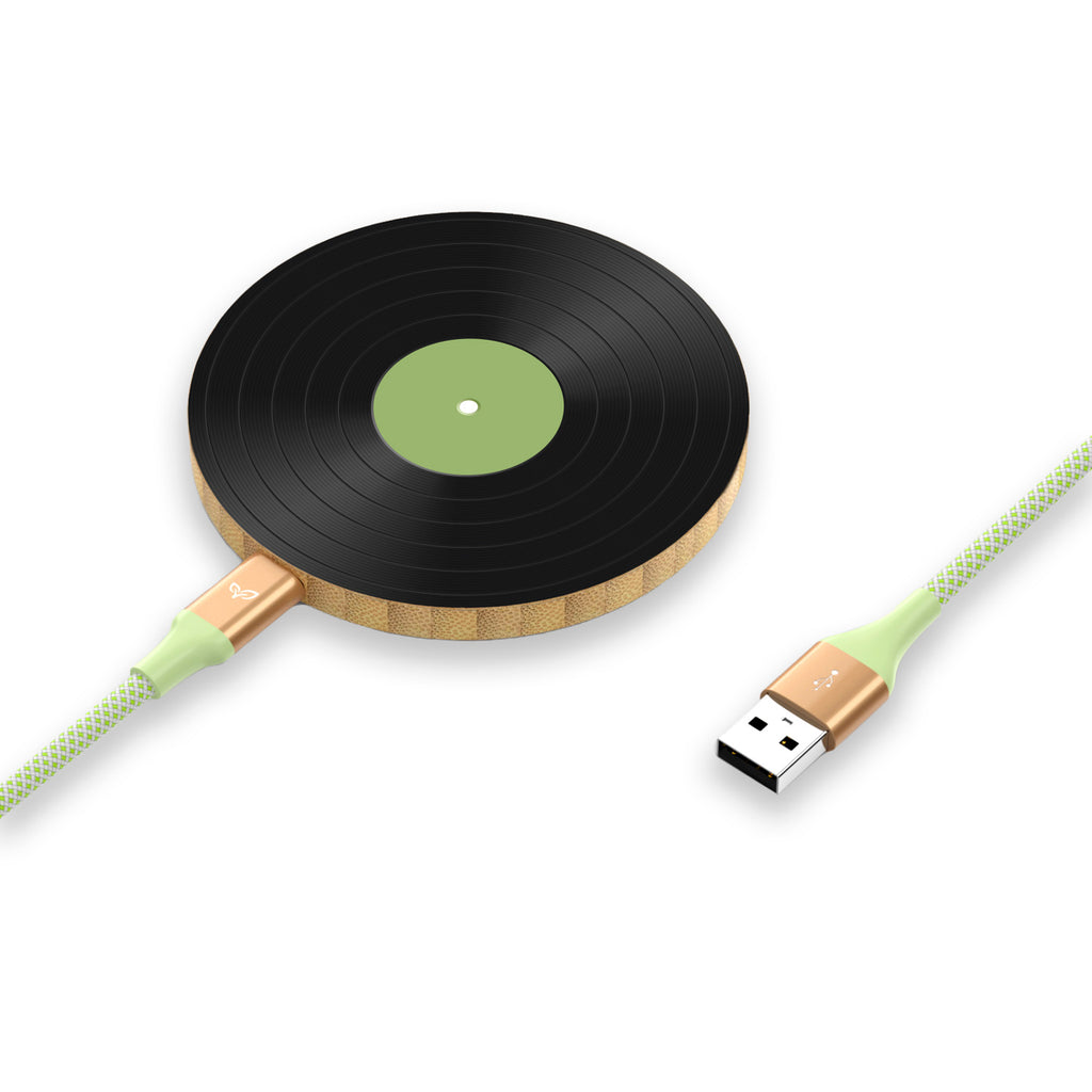 Amplify - USB-A to USB-C Power Cable Plugged Into An Eco-Friendly Bamboo Wireless Charger With A Record Design 