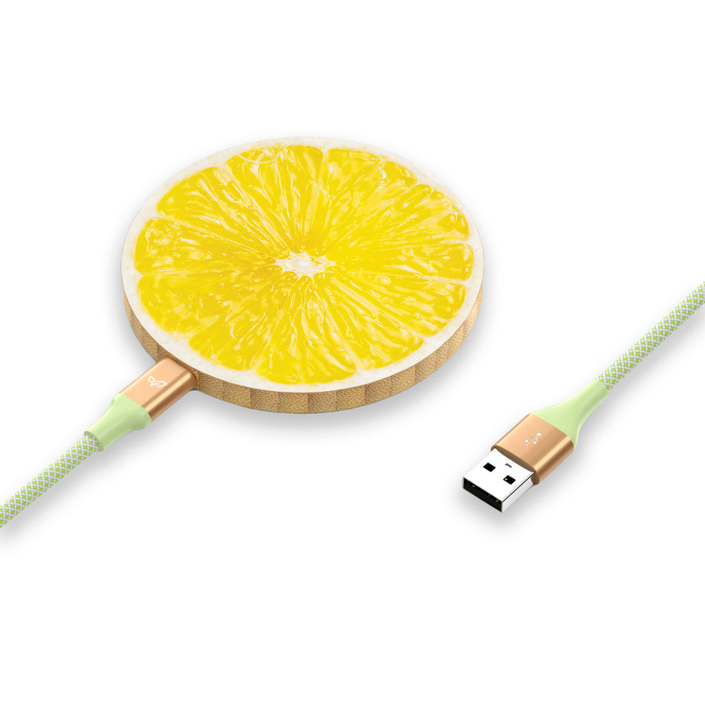 Fresh Squeeze - USB-A to USB-C Power Cable Plugged Into An Eco-Friendly Bamboo Wireless Charger With A Lemon Design 