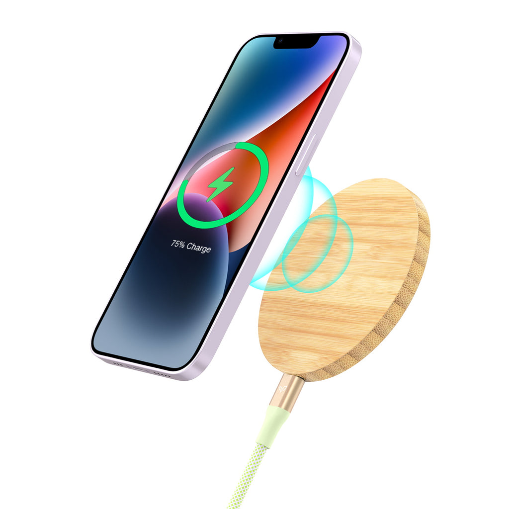 An Eco-Friendly Bamboo Wireless Charger Recharging An iPhone With 75% Charge On The Screen