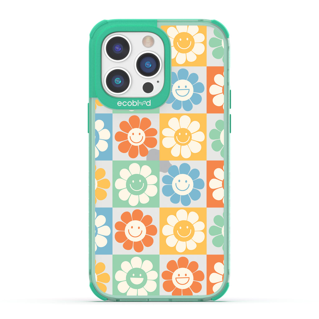Spring Collection - Green Compostable iPhone 14 Pro Case - 70's Gingham Cartoon Flowers W/ Smiley Faces On Clear Back