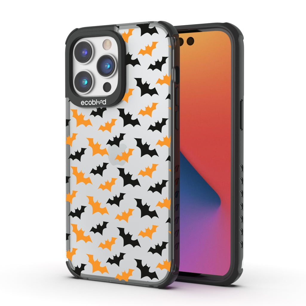 Back View Of Black iPhone 14 Pro Halloween Laguna Case With The Going Batty Design & Front View Of The Screen