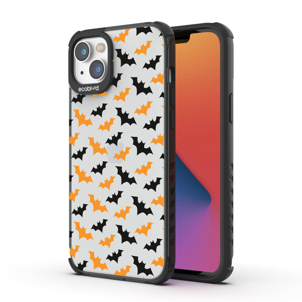 Back View Of Black iPhone 14 Halloween Laguna Case With The Going Batty Design & Front View Of The Screen