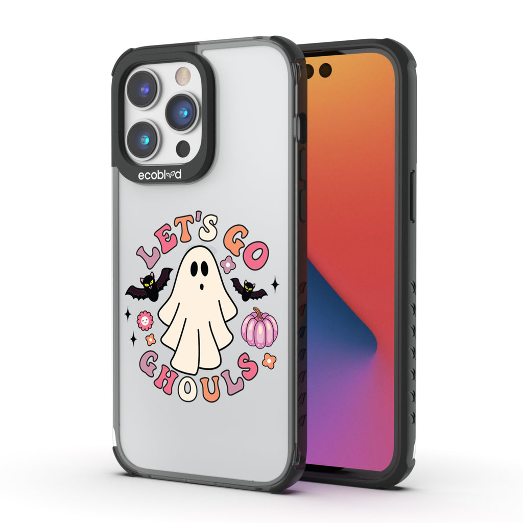 Back View Of The Black Laguna Eco-Friendly Halloween iPhone 14 Pro Case With Let's Go Ghouls Design & Front View Of Screen