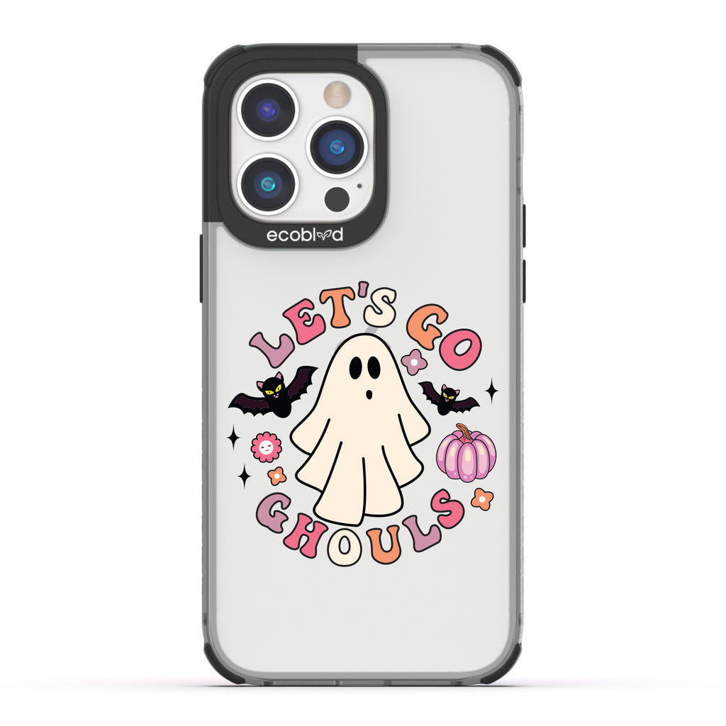 Halloween Collection - Black  Laguna iPhone 14 Pro Case With Let's Go Ghouls, Ghost, Bats & Pumpkin On A Clear Back 