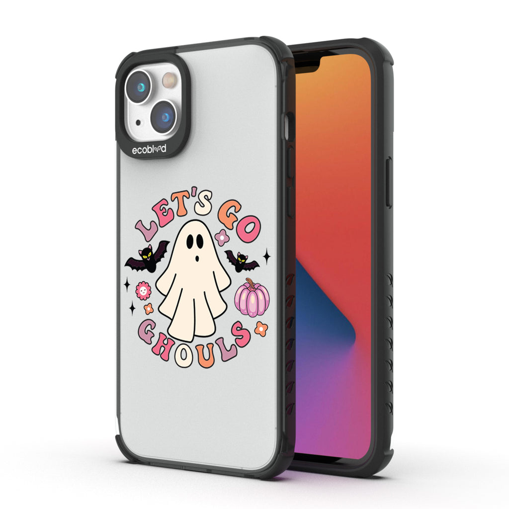 Back View Of The Black Laguna Eco-Friendly Halloween iPhone 14 Case With Let's Go Ghouls Design & Front View Of Screen 