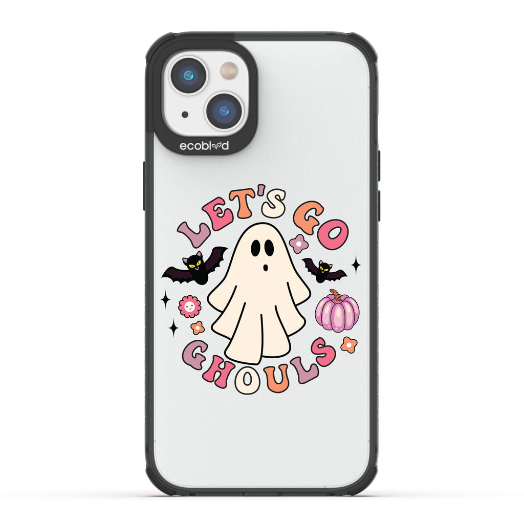 Halloween Collection - Black Laguna iPhone 14 Plus Case With Let's Go Ghouls, Ghost, Bats & Pumpkin On A Clear Back 