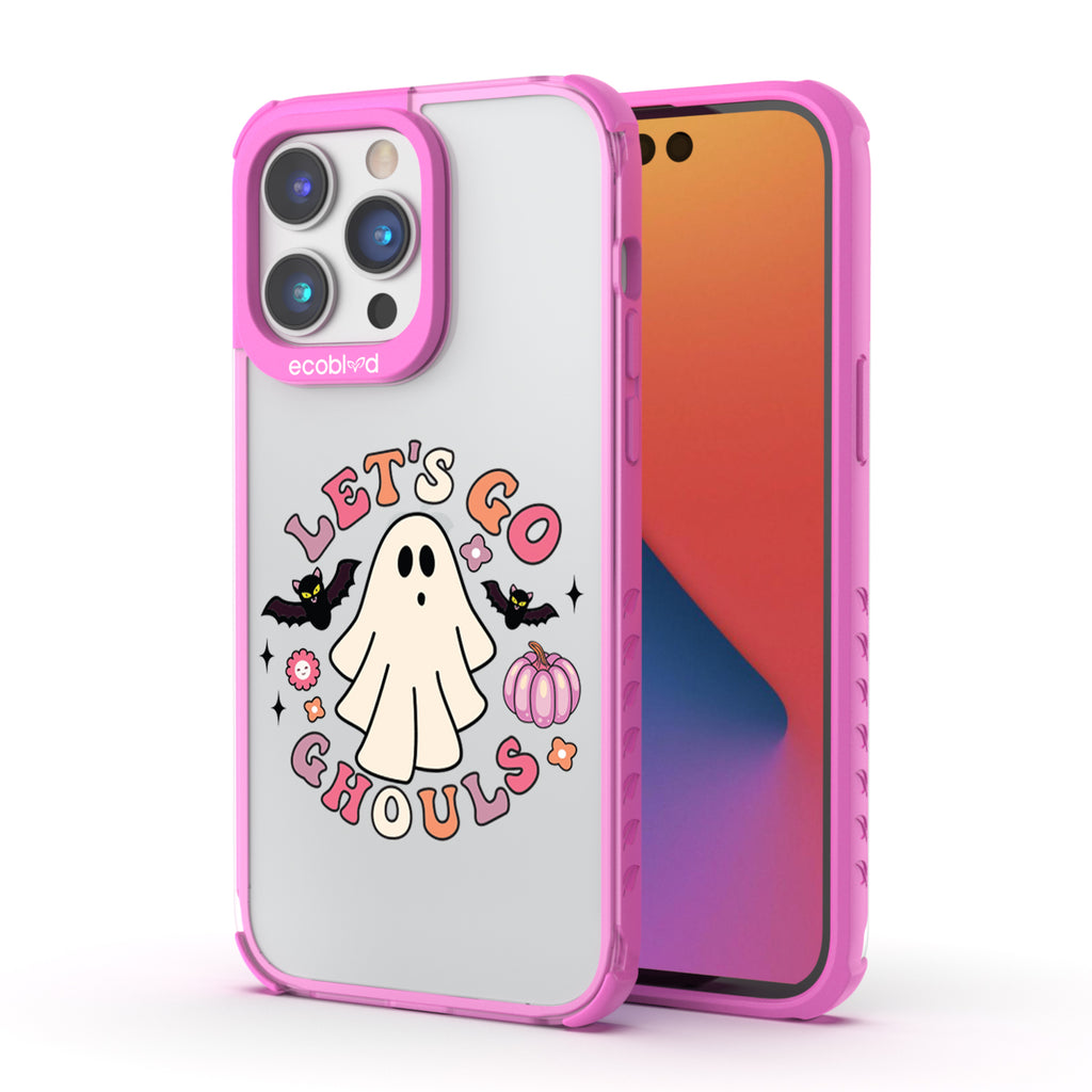 Back View Of The Pink Laguna Eco-Friendly Halloween iPhone 14 Pro Case With Let's Go Ghouls Design & Front View Of Screen 