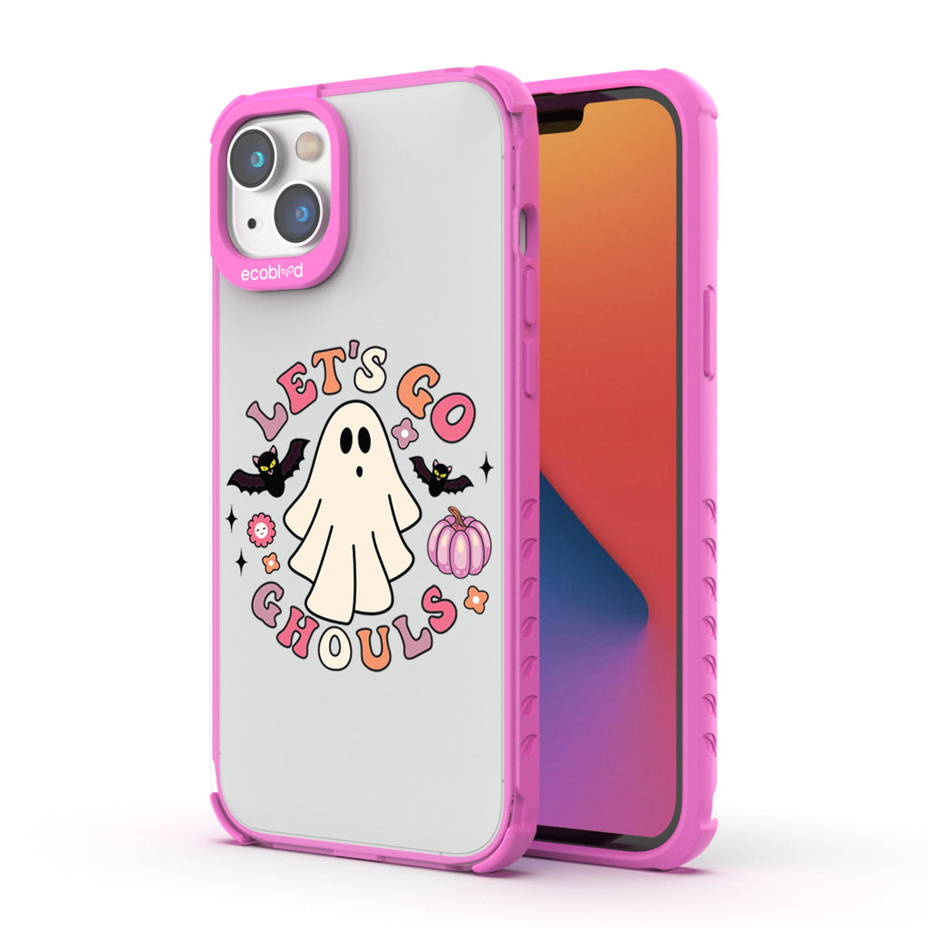 Back View Of The Pink Laguna Eco-Friendly Halloween iPhone 14 Case With Let's Go Ghouls Design & Front View Of Screen 