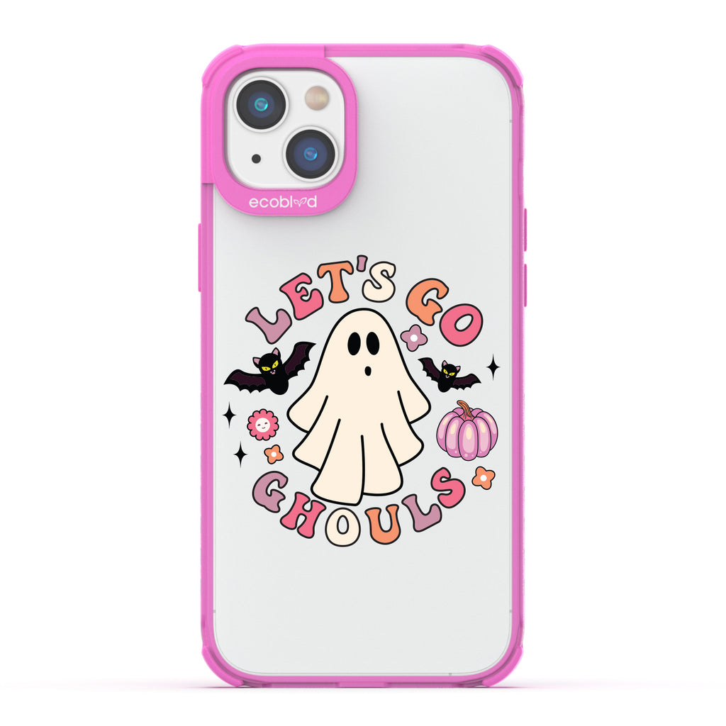 Halloween Collection - Pink Eco-Friendly Laguna iPhone 14 Case With Let's Go Ghouls, Ghost, Bats & Pumpkin On A Clear Back 