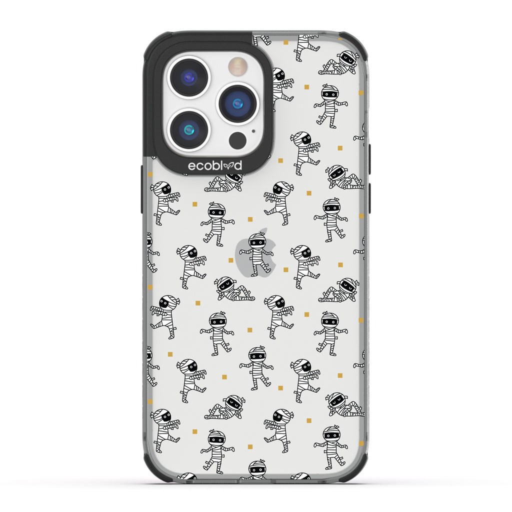 Halloween Collection - Black Laguna iPhone 14 Pro Case With Cartoon Mummies Walking & Laying On A Clear Back