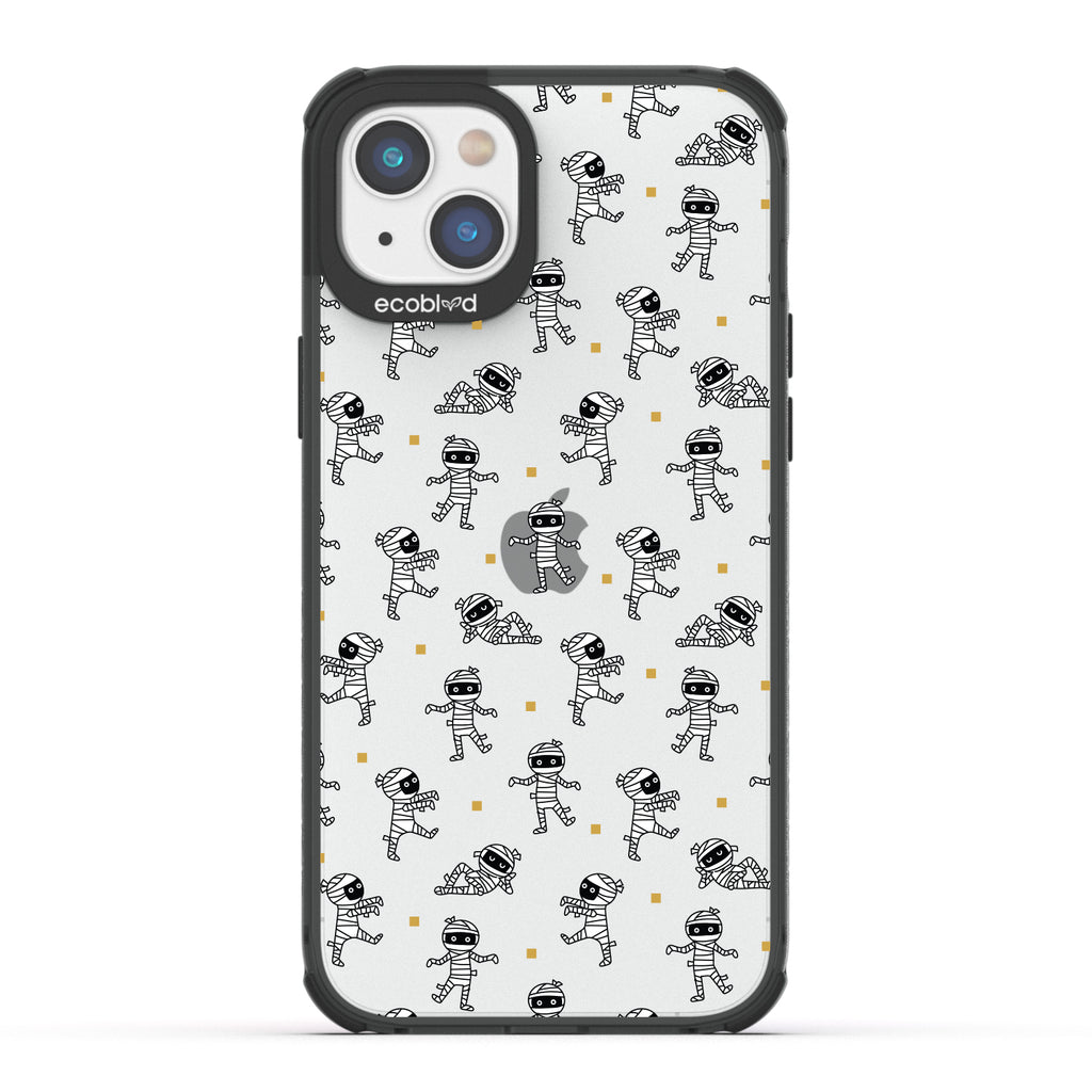 Halloween Collection - Black Laguna iPhone 14 Case With Cartoon Mummies Walking & Laying On A Clear Back